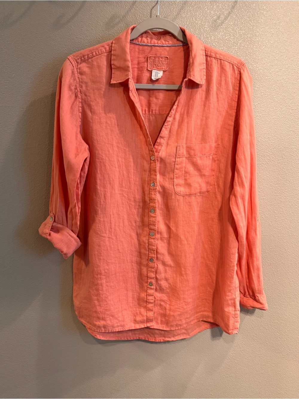 Sigrid Olsen Linen Roll-Tab Button Down Shirt Coral Peach 100% Linen
